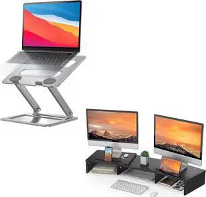 LORYERGO Adjustable Laptop Stand & Dual Monitor Stand,Monitor Stand for Desk, Adjustable Computer Stand w/Slot for Tablet Cellphone, Computer Riser w/Big Storage, Dual Monitor Riser for PC, Laptop, Pr