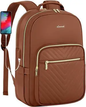LOVEVOOK Leather Backpacks for Women,17.3 inch Leather Laptop Backpack Women Computer Backpack Laptop Bag,Stylish Quilted Travel Backpack Purse Work Bag College Teacher Backpacks with USB Port,Brown