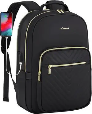 LOVEVOOK Leather Backpacks for Women,17.3 inch Leather Laptop Backpack Women Computer Backpack Laptop Bag,Stylish Quilted Travel Backpack Purse Work Bag College Teacher Backpacks with USB Port,Black