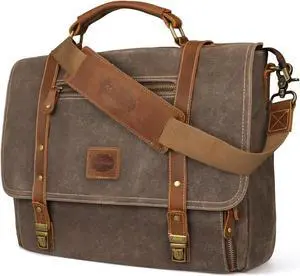 Manificent Laptop Messenger bag for Mens 15.6 Inch, Waterproof Vintage Genuine Leather Mens Briefcase shoulder bag 16 Storage Pockets, Waxed Canvas Leather Computer Business Satchel Work Bag (Brown)