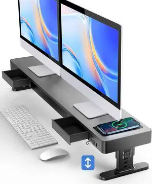 meatanty Dual Monitor Stand with 4 Adjustable Heights, Auto Phone Charging Pad, 4 USB Ports, Computer Riser with Drawers Storage, Metal Double Desk Organizer Lifter Raiser for 2 Monitors Screen Gift