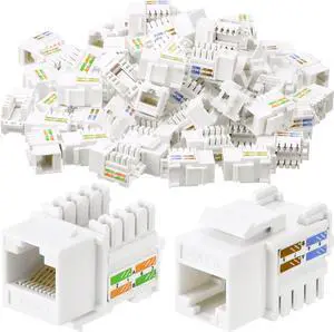 Hoteam Cat6 Cable RJ45 Keystone Jack UTP Modular Ethernet Jack Insert 90-Degree, Punch Down Keystone Adapter for Secure Connection(White,100 Pcs)