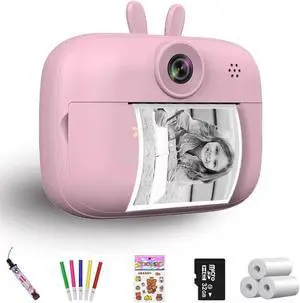 Funducts Instant Print Camera for Kids, 2.4in Screen 1080P HD Digital Camera Toys for Toddlers, Christmas Birthday Gifts for Girls Boys, Portable Selfie Video Cameras with 32GB TF Card(Pink), Mini