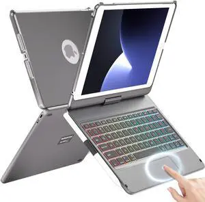 HOTLIFE iPad Keyboard Case 10.2 9th Generation & 8th 7th Gen - Touch 360° Rotatable Protective Cover with Apple Pencil Holder Backlight Wireless 9, Titanium Gray