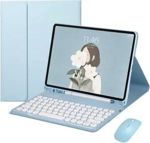 Keyboard Case for Galaxy Tab S6 Lite 10.4 inch Case with Keyboard and Bluetooth Mouse, Detachable Candy Color Keyboard Cover Round Key,Sky Blue