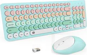 FD Wireless Keyboards and Mouse Combo - 2.4GHz USB Cordless, Cute Wireless Keyboard Round Keys, Quiet and Slim Set for Laptop, Computer, TV and Mac - Blue Pale Green Colorful