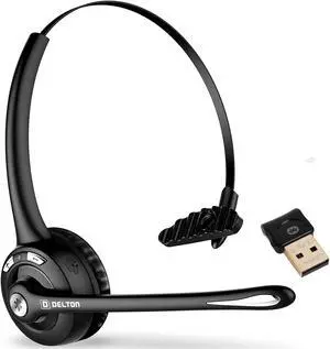 Delton 10X Bluetooth Computer Headset, Over-The-Head Single Ear Wireless Headset with Noise Canceling Mic, USB Dongle for Computer/Laptop, Perfect for Home, Office, Call Center, Truck Driver - Black