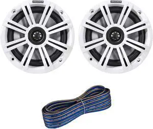 1 Pair (QTY 2) of Kicker 6.5" 2-Way 195 Watts Max Power Coaxial Marine Audio Speakers with White Grilles, 50 Feet 16-Gauge Speaker Wire