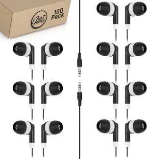 JustJamz Bulk Earbuds 100 Pack | Basic Ear Bud, Black Dot in-Ear Earphones, Disposable Headphones, Class Headphones Set for Students, Earphones for Class, Kids, Classroom, Library, Wired Earbuds