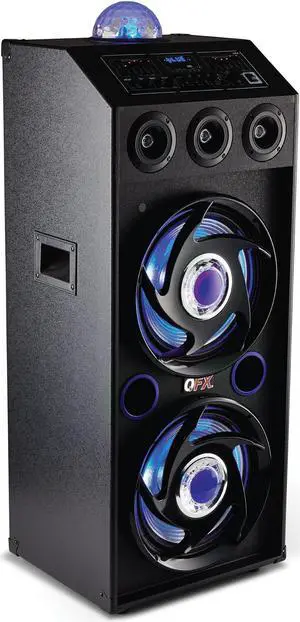 QFX SBX-412207BT TWS Bluetooth Cabinet Speaker with Dual 12" Woofers, LED Party Lights, FM Radio, USB/TF Card Ports, Aux Input, Blue
