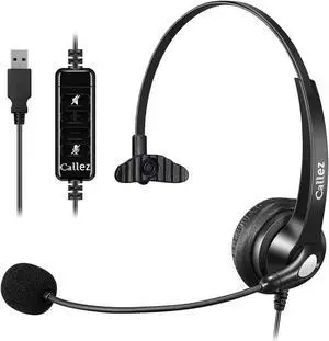 USB Headset with Microphone Noise Cancelling & Audio Controls, Wideband Computer Headphones for Business UC Skype Lync Softphone Call Center Office, Clearer Voice, Super Light, Ultra Comfort