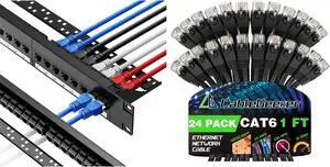 CableGeeker Patch Panel 24 Port + 24-Pack Cat 6 Patch Cable 1 ft, RJ45 Pass-Thru Coupler Cat6 Patch Panel 10G Support, 1U Network Patch Panel UTP 19-Inch