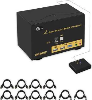 CKLau 2 Port Quad Monitor HDMI KVM Switch 8K@60Hz, 4K@144Hz with Cables for 4 Monitors 2 Computers Sharing Video Keyboard Mouse Support Emulation EDID, Hotkey Switching, HDMI 2.1, HDR