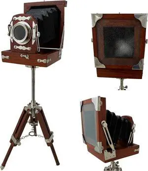 Decorative Wooden Adjustable Tripod Camera Vintage Design Unique Look Collectible Studio Item Brown Color Movie Prop Video Props