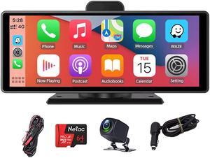 10Inch Touchscreen Dash Cam Wireless Carplay & Android Auto Car Radio Receiver Mirror Link WiFi GPS BT AUX TF Car DVR HD 4K 1080P+64GB SD Card