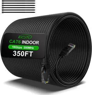 350FT Cat6 Ethernet Cable, Cat 6 Patch Cable, Cat6 Internet Cable, UTP Network Cable, Indoor and Outdoor, PoE, 24AWG CCA, Compatible for PC, Laptop, Router, Switch, Server, with 25 Cable Ties - Black