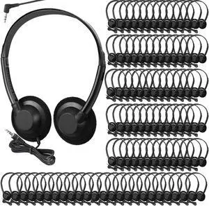 Flutesan 100 Pieces Classroom School Headphones Bulk on Ear Headphone with 3.5mm Headphone Plug in Adjustable Disposable for Kids Adults Student Noise Stereo Sound Library No Microphone