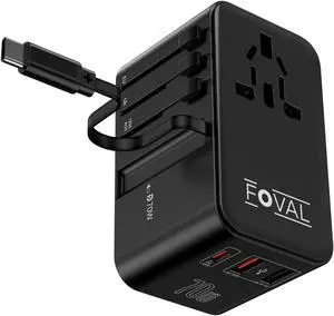 FOVAL 70W Universal Travel Adapter with Retractable USB C Cable, USB C &2 USB A QC Ports, All-in-one International Travel Plug Adapter Converter for Europe Italy UK US AUS