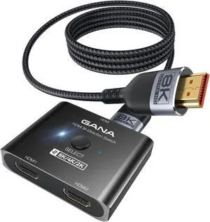 GANA HDMI 2.1 Switch, Ultra HD 8K Bi-Directional HDMI Splitter Switcher Support 4K@120Hz, 8K@60Hz[(with 4.9FT HDMI Cable)] , Aluminum HDMI Selector for PS5/PS4, Xbox, Roku, TV, Fire Stick, Dark Black