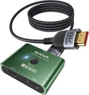 GANA HDMI 2.1 Switch, Ultra HD 8K Bi-Directional HDMI Splitter Switcher Support 4K@120Hz, 8K@60Hz[(with 4.9FT HDMI Cable)] , Aluminum HDMI Selector for PS5/PS4, Xbox, Roku, TV, Fire Stick, Dark Green