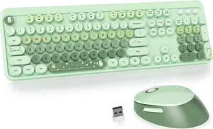 GTSP Typewriter Colorful Green Wireless Keyboard and Mouse Combo, 2.4GHz Full-Size Retro Cute Office Computer Keyboard with Round Keycaps for Desktop Laptop and PC (Colorful Green)