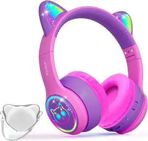 IFECCO Wireless Kids Headphones with Microphone,Foldable Cute Light Up Cat Ear Children Girls Bluetooth Headphones with Case for School Gifts Travel