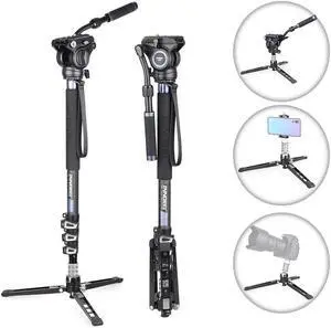 Carbon Fiber Video Monopod Kit-VM70CK Professional Hydraulic Fluid Head Monopod Removeable Multifunctional Travel Tripod Stand for Gopro DSLR Camera Telescopic Camcorders, Max Load 13 pounds/6 kg