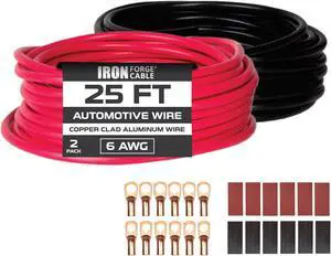 Iron Forge Cable 6 Gauge Wire 2 Pack Red & Black- 25 ft Copper Clad Aluminum Wire for Automotive Battery Cable, Subwoofer Wiring Kit, 6 AWG, with Wire Lug Terminal Connectors and Heat Shrink Tube