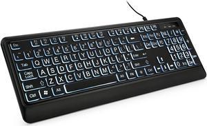 KOPJIPPOM Large Print Backlit Keyboard, Quiet USB Wired Computer Keyboard, Full Size Keyboard with White Illuminated LED Compatible for Windows Desktop, Laptop, PC, Gaming, Black