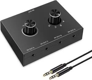 4 Port Audio Switch, 3.5mm Audio Switcher, Stereo AUX Audio Selector, 4 Input 1 Output / 1 Input 4 Output Audio Splitter Switcher, Audio Switcher Box, 4 channel switch knob, No External Power Required