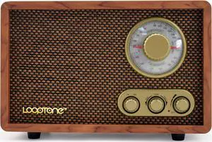 LoopTone AM FM Classic Retro Radio with Bluetooth Speaker,Vintage Wood Table Radio with Treble Bass Control for Kitchen Living Room with Rotary Knob Brown
