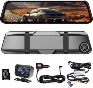 Oncheer 12" 2K Smart Rear View Mirror Camera, in-Mirror Dash Cam Front and Rear Video Players, Backup Camera Mirror Support Apple CarPlay & Android Auto for All Vehicles, Parking Monitoring, 64GB Card