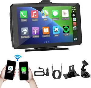 Pumfla Carplay Screen for Car, 7" HD Portable Car Stereo Touch Screen with Wireless Android Auto, Car Touch Screen Car Play with Mirror Link/AUX/FM/Bluetooth/Auto Connect, Carplay for All Vehicles
