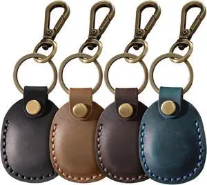 Q1T5 4 Pack Leather Airtag Holder Keychain, Compact Handmade Genuine Leather Air Tag Holder with Keyring Full Coverage Case Cover Compatible for AirTag [4 Pack]
