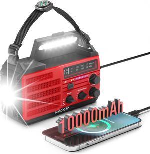 [10000mAh Battery] Raddy SW10 Emergency Radio, Hand Crank Solar, AM FM NOAA Radio with Rechargeable Battery Flashlight SOS Alarm Compass, Power Bank for Power Outage Camping Hurricane Outdoor