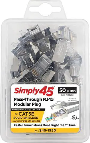 Simply45 Shielded Internal Ground Pass-Through RJ45 Modular Plugs for 24AWG Solid (Cat5e STP), 28-26AWG Stranded (Cat5e/6/6a STP Stranded) - 50-Piece/Jar - S45-1550