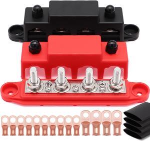 Taigoehua 250A 12V-48V Bus Bar 5/16" Power Distribution Block 4 Studs Junction Block with Lugs Terminal Connectors with Heat Shrink Tube (M8(5/16"))