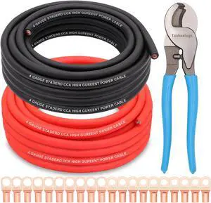 Taukealugs AWG 4 Gauge Wire Copper Clad Aluminum CCA 50FT Black/Red with 4ga lugs,10-in Cable Cutter and Heat Shrink Tube - Battery Power/Ground Cable,Car Audio Speaker,RV Trailer Amp Wiring kit
