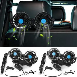 Tujoe 2 Pcs Dual Head Car Fan 12V Low Noise Car Seat Fan Rear Seat 360 Degree Rotatable Portable Fan for Car Cigarette Lighter Seat Cooling Fan for Stepless Speed Regulation Vehicles, SUV, RV, Boat