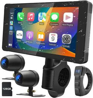 Weuaste Motorcycle DVR, Dual HD 1080P Cameras, Wireless Apple Carplay & Android Auto Screen for Motorcycle, 5.5 Inch Touch Screen Motorcycle Navigation GPS, Waterproof Stereo, 128GB TF Card