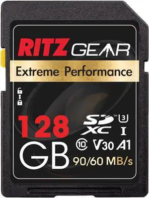 Ritz Gear 128GB High-Speed SDXC UHS-I SD Card, C10, U3, V30, Full-HD & 4K Memory Card