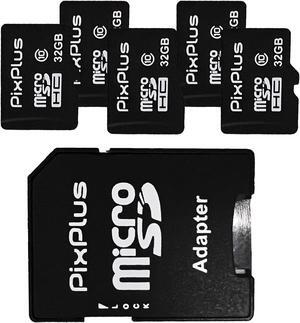 PixPlus microSD 32GB Card 5-Pack with Adapter, MicroSDHC Memory Cards for Security Cameras, Wyze Cam, Roku, Full HD Video Recording, UHS-I U1 A1 Class 10, up to 90MB/s