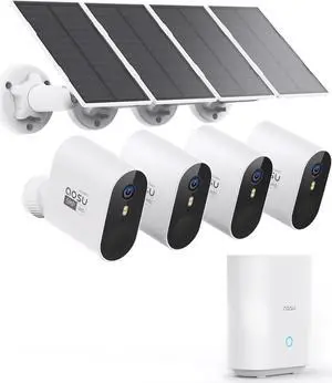 AOSU 5MP Solar Security Cameras Outdoor Wireless, Ultra HD Video Home Security System 4-Cam Kit with 166deg Ultra Wide Angle, Cam-to-Cam Sync, Color Night Vision, Spotlight & Siren, No Monthly Fees