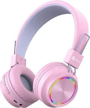 iClever BTH03 Kids Bluetooth Headphones Safe Volume, Colorful LED Lights, 25H Playtime, Stereo Sound Mic, Bluetooth 5.4, Foldable, On Ear Kids Wireless Headphones for Tablet Airplane (Pink)