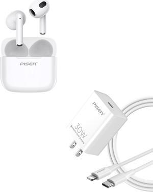 PISEN Wireless Earbuds in-Ear Headphones & 30W USB C Charger, Bluetooth 5.3 Deep Bass Hi-Fi Stereo Ear Buds with Mic in-Ear & 30W USB C Wall Fast Charger for iPhone 15/14/13/12 Series, White