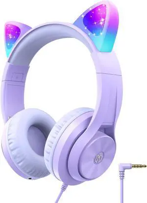 iClever Kids Headphones with Cat Ear Led Light Up, Safe Volume Limite Kids Wired Headphones with FunShare Foldable Over-Ear Headphones for Kids/School/iPad/Tablet/Travel, Meow Donut-Purple