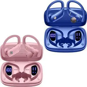 bmani 2 Sets Wireless Earbuds Bluetooth Headphones 48hrs Play Back Sport Earphones with LED Display Over-Ear Buds with Earhooks Built-in Mic Headset for Workout Pink+Blue