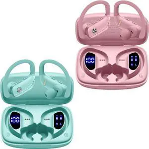 bmani 2 Sets Wireless Earbuds Bluetooth Headphones 48hrs Play Back Sport Earphones with LED Display Over-Ear Buds with Earhooks Built-in Mic Headset for Workout Mint Green+Purple