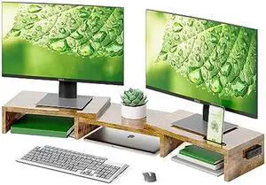 BONTEC Dual Monitor Stand Riser with Smartphone Holder, Adjustable Length & Swivel Angle Wooden Desktop Organizer Stand PC Riser for PC Monitor Laptop Printer, Rustic Brown