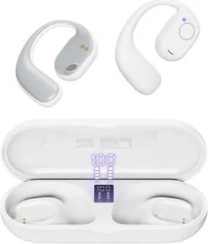 PSIER Open Ear Bluetooth Headphones, 40 Hours Playtime Bluetooth 5.3 Wireless Sports Earbuds with Digital Display Charging Case, White